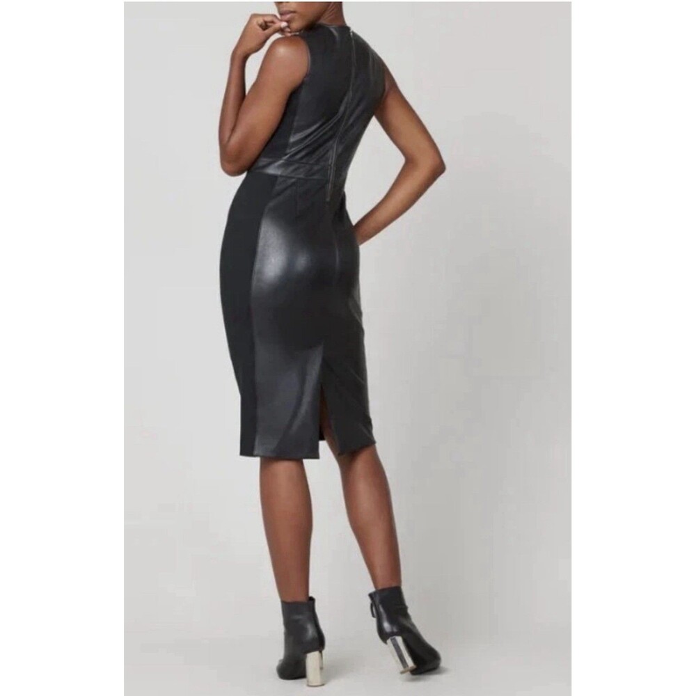Spanx Sheath Dress M Medium Faux Leather Solid Black Stretch Fitted